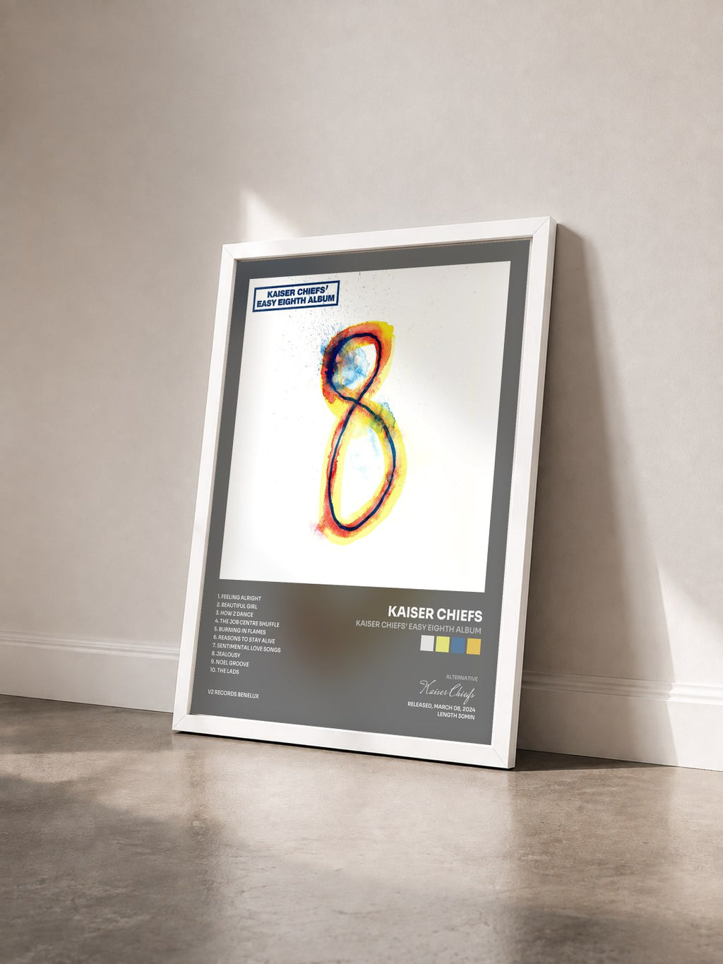 #blanc Kaiser Chiefs' Easy Eighth Album by Kaiser Chiefs as a framed art print seen at an angle, white frame