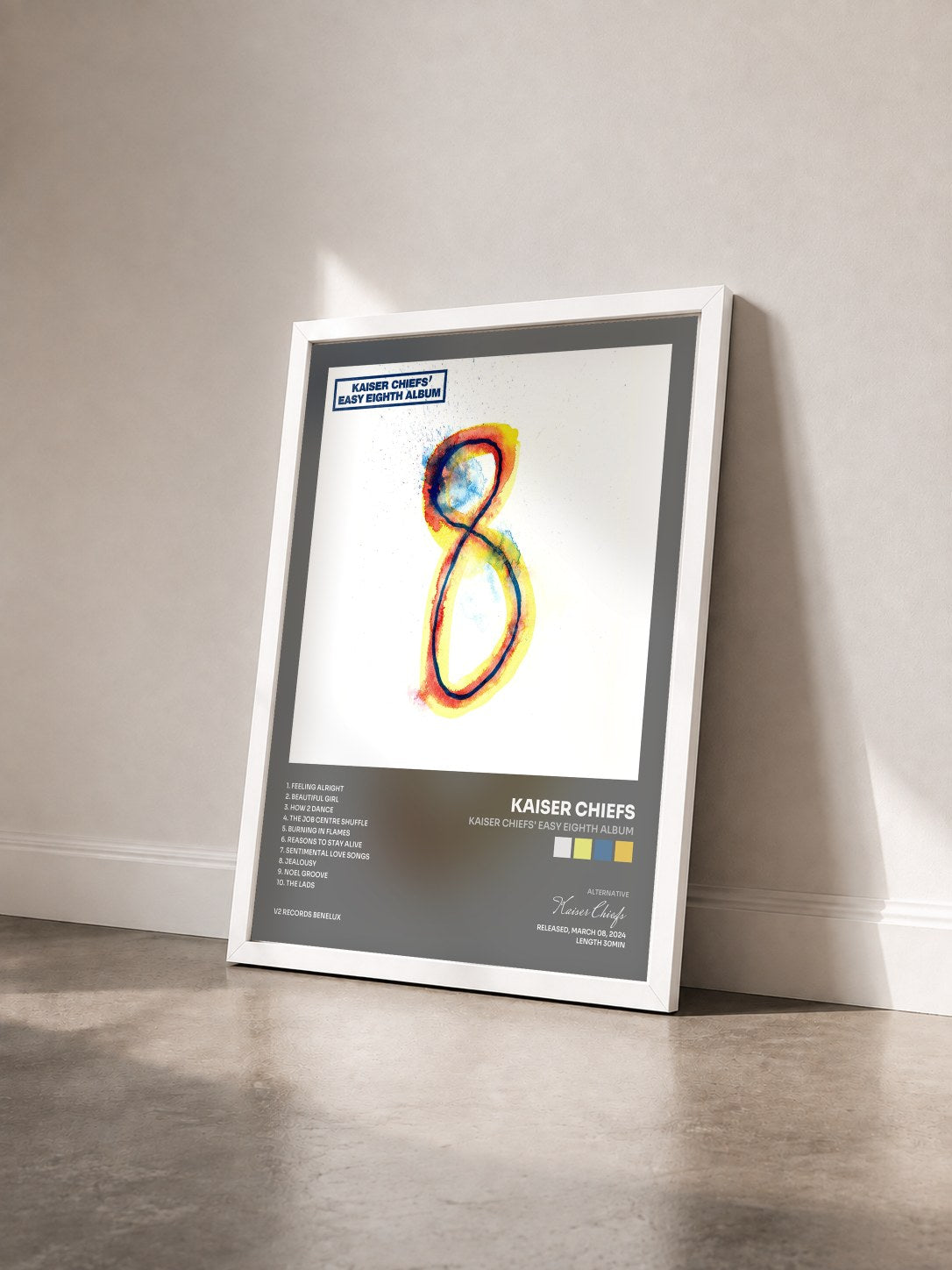 #blanc Tableau de l'album Kaiser Chiefs' Easy Eighth Album de Kaiser Chiefs vu de trois quarts, cadre blanc