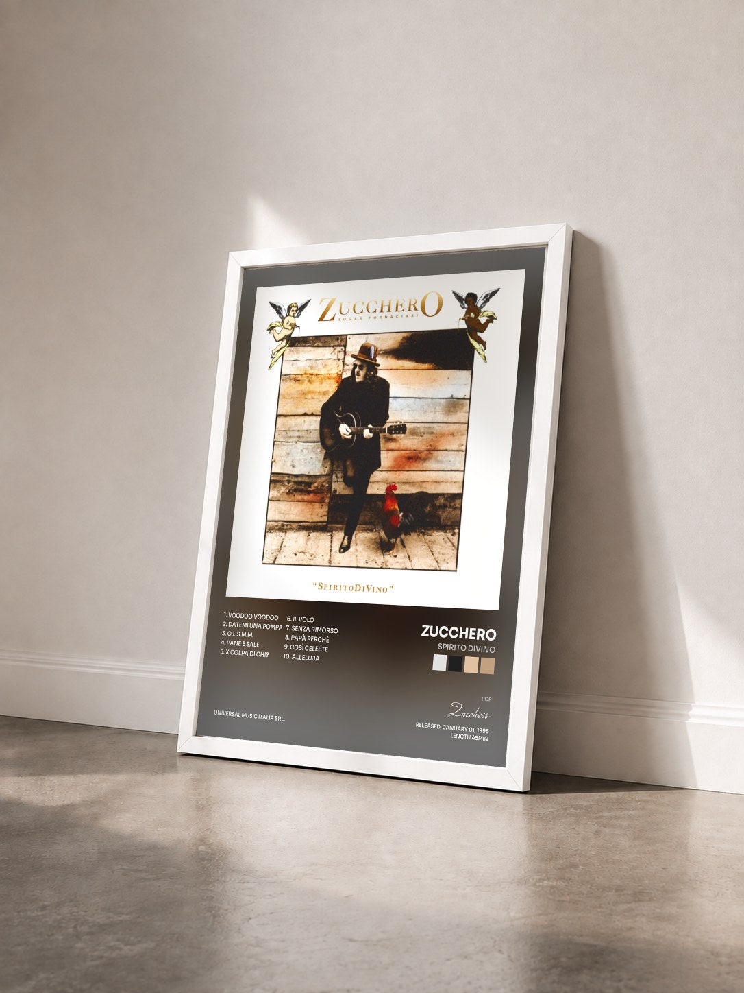 #blanc Tableau de l'album Spirito DiVino de Zucchero vu de trois quarts, cadre blanc