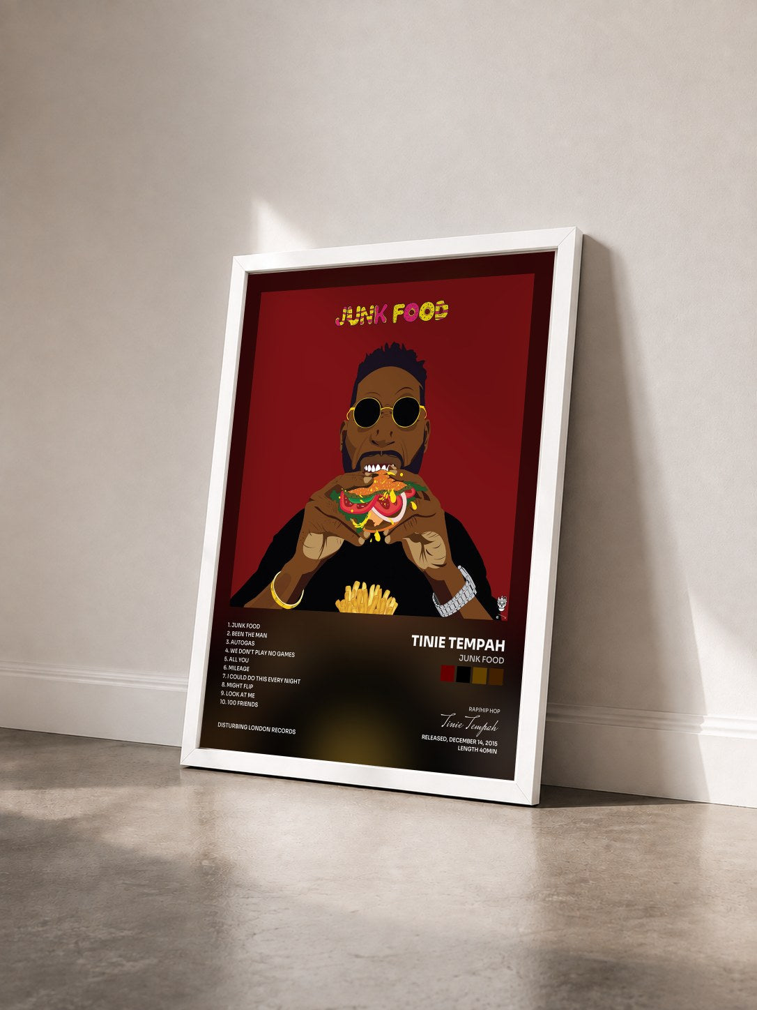 #blanc Tableau de l'album Junk Food de Tinie Tempah vu de trois quarts, cadre blanc