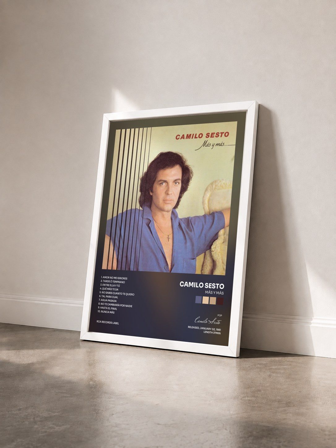 #blanc Tableau de l'album Más y Más de Camilo Sesto vu de trois quarts, cadre blanc