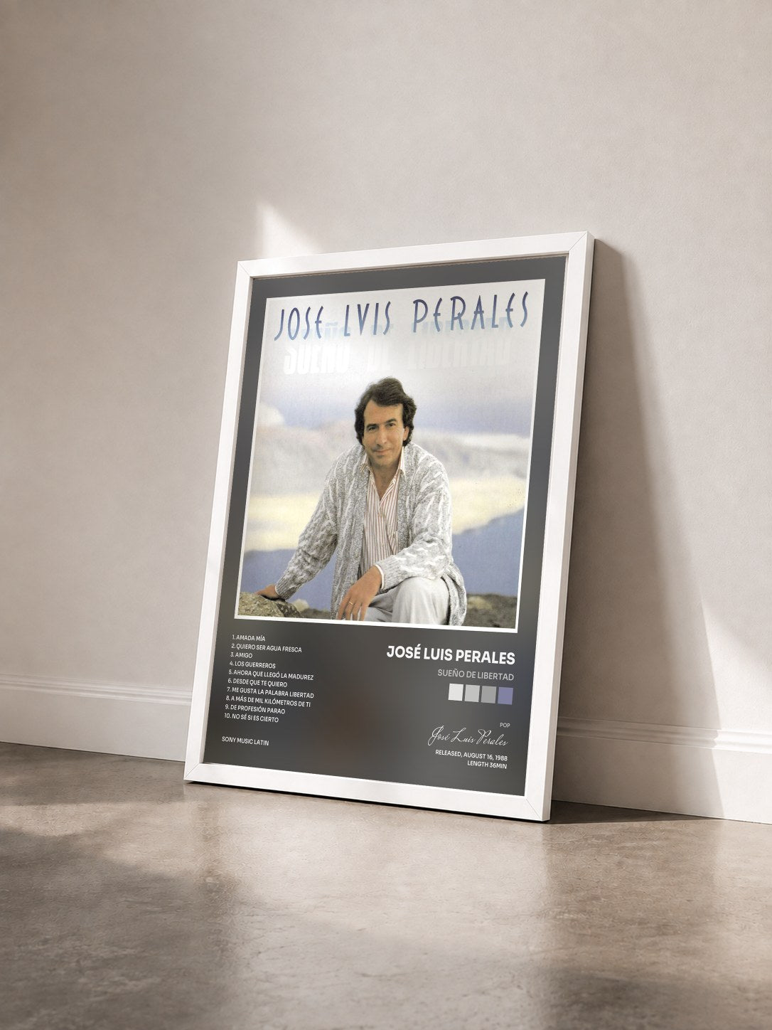 #blanc Tableau de l'album Sueño de Libertad de José Luis Perales vu de trois quarts, cadre blanc