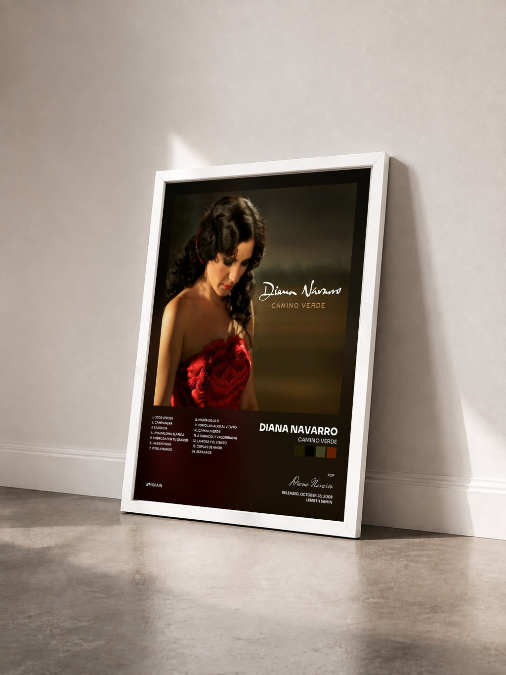 #blanc Tableau de l'album Camino verde de Diana Navarro vu de trois quarts, cadre blanc