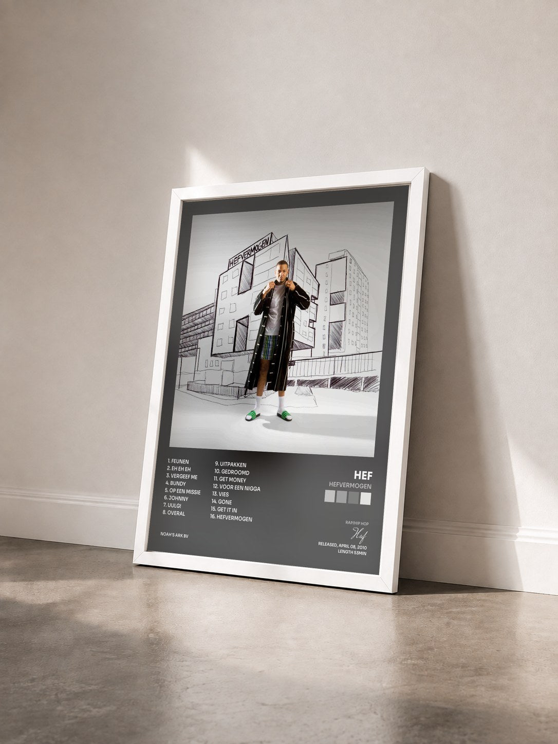 #blanc Tableau de l'album Hefvermogen de Hef vu de trois quarts, cadre blanc