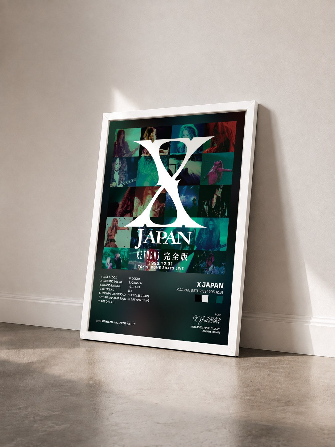 #blanc Tableau de l'album X JAPAN RETURNS 1993.12.31 de X JAPAN vu de trois quarts, cadre blanc