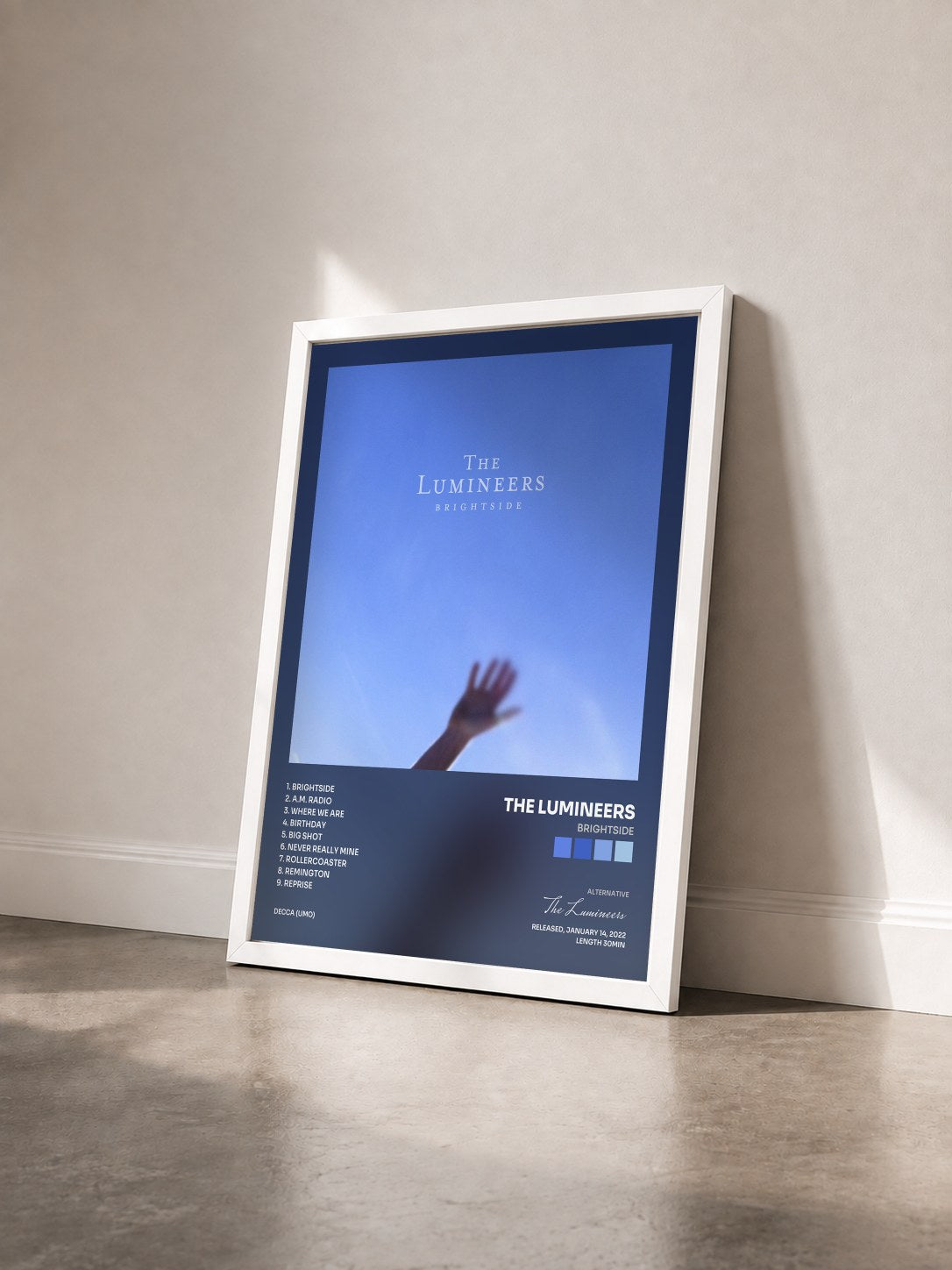 #blanc Tableau de l'album BRIGHTSIDE de The Lumineers vu de trois quarts, cadre blanc