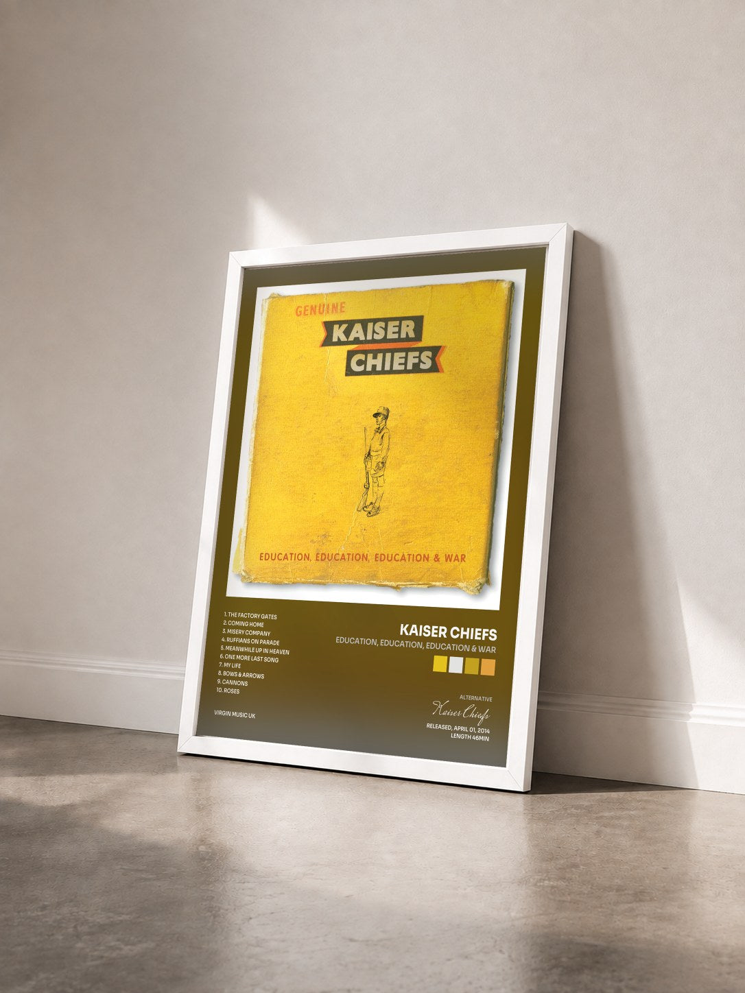 #blanc Tableau de l'album Education, Education, Education & War de Kaiser Chiefs vu de trois quarts, cadre blanc