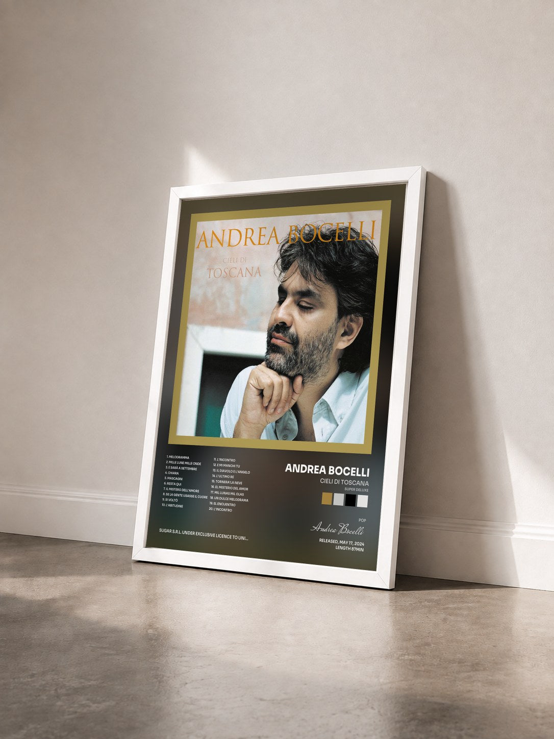 #blanc Tableau de l'album Cieli Di Toscana (Super Deluxe) de Andrea Bocelli vu de trois quarts, cadre blanc