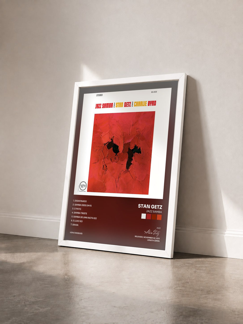#blanc Tableau de l'album Jazz Samba de Stan Getz vu de trois quarts, cadre blanc