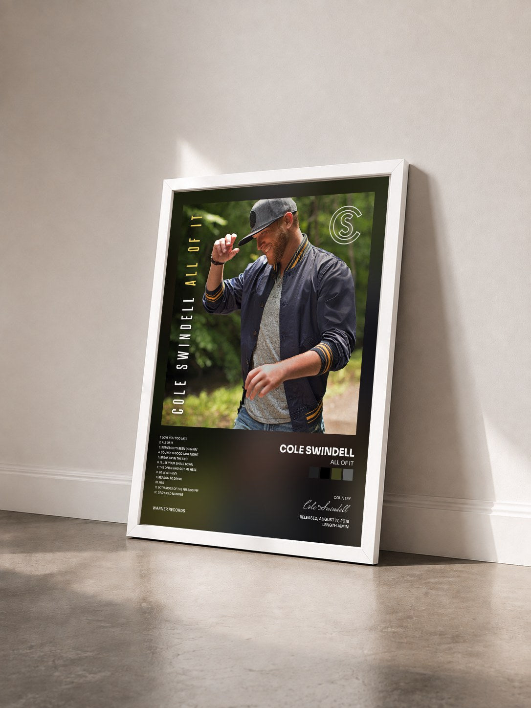#blanc Tableau de l'album All of It de Cole Swindell vu de trois quarts, cadre blanc