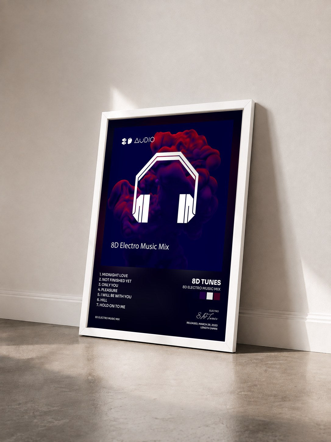 #blanc Tableau de l'album 8D Electro Music Mix de 8D Tunes vu de trois quarts, cadre blanc