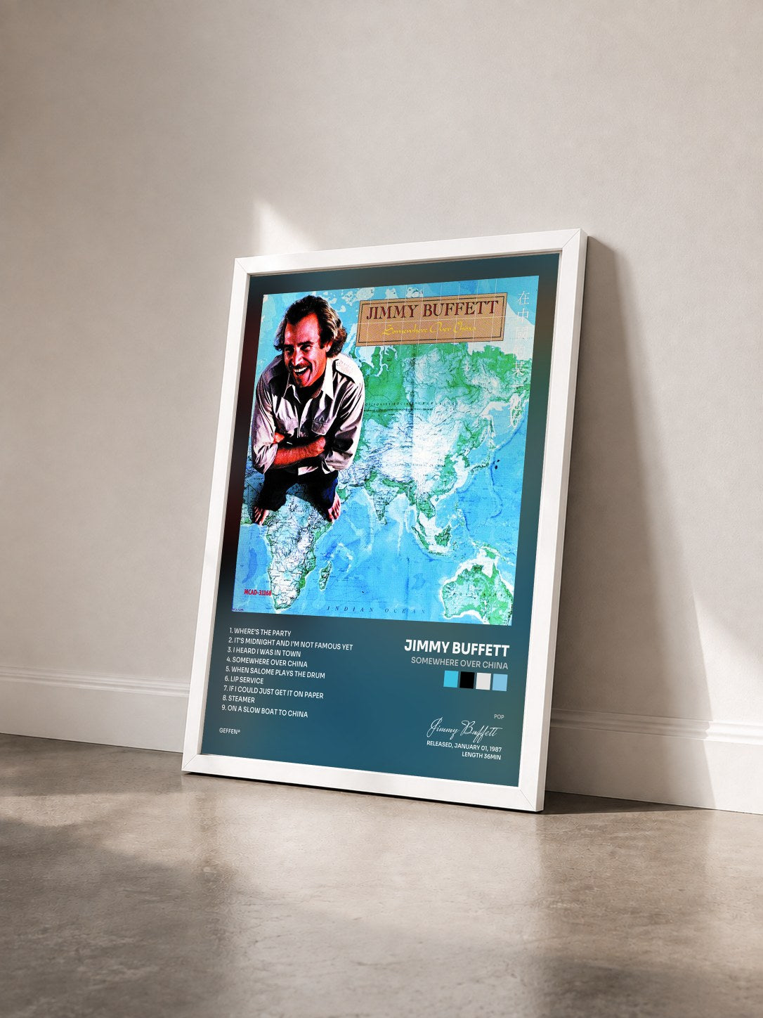 #blanc Tableau de l'album Somewhere Over China de Jimmy Buffett vu de trois quarts, cadre blanc