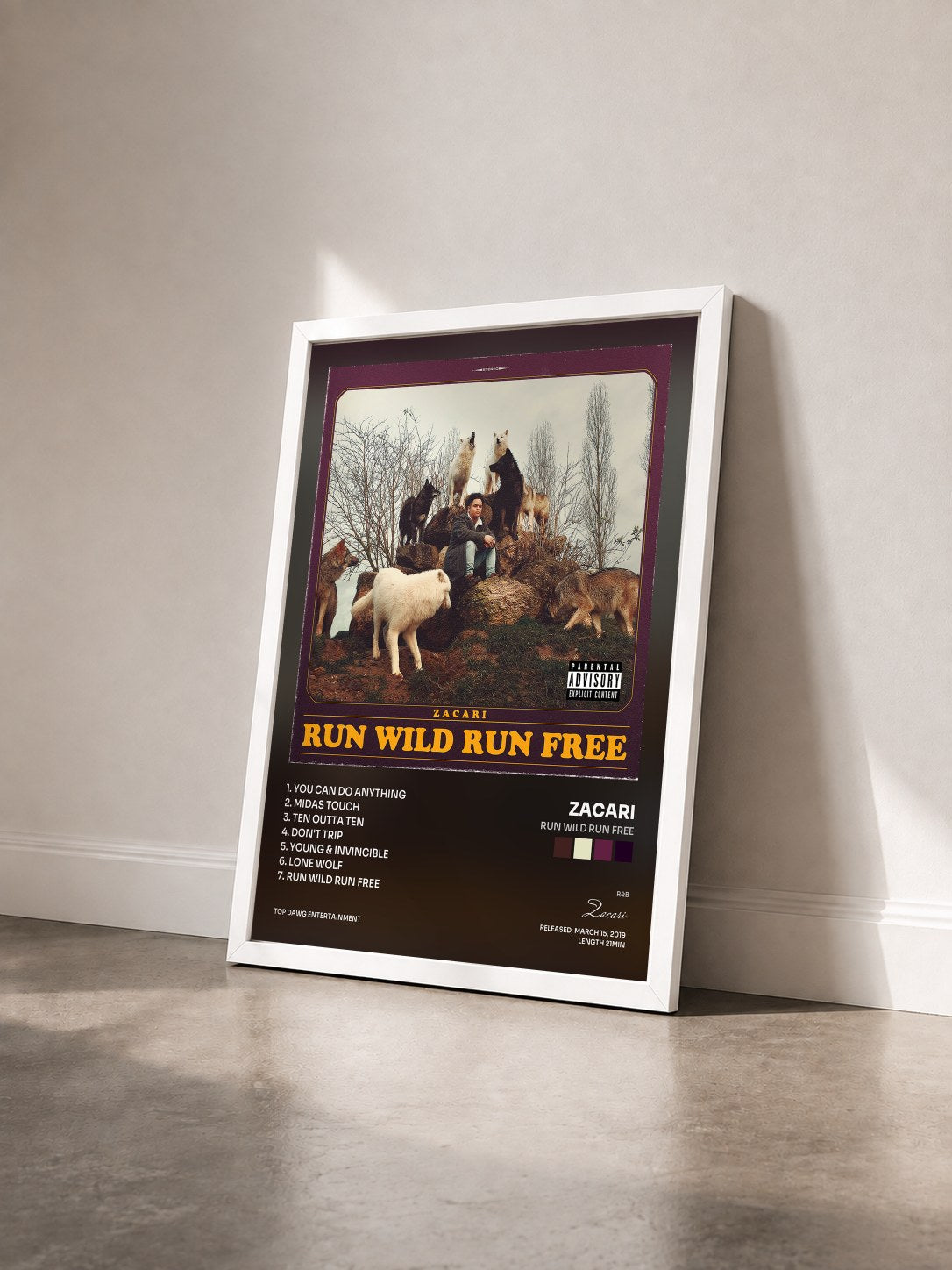 #blanc Tableau de l'album Run Wild Run Free de Zacari vu de trois quarts, cadre blanc