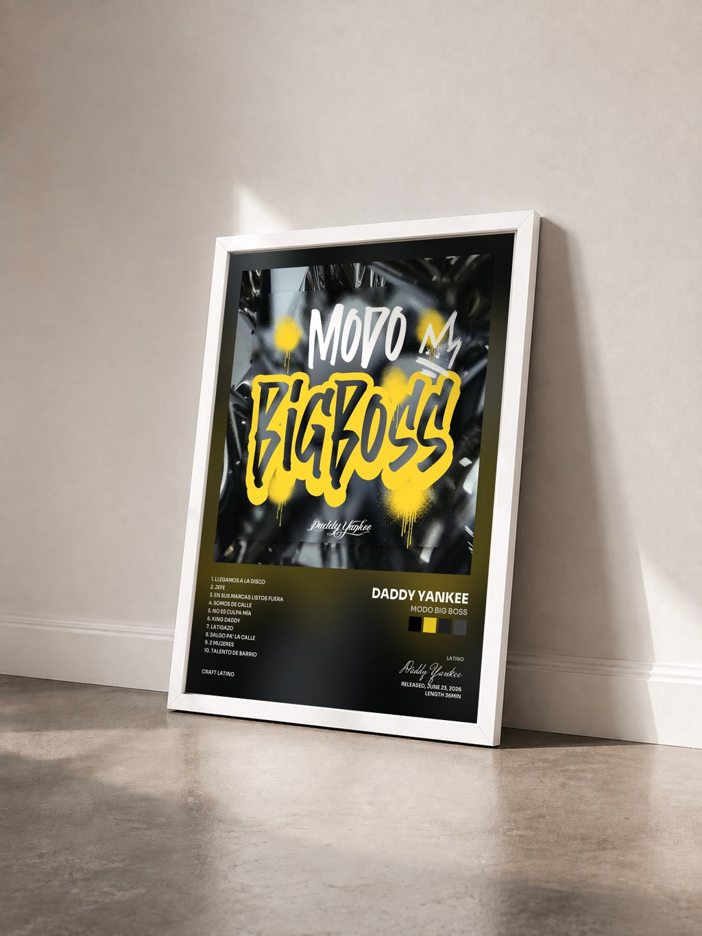 #blanc Tableau de l'album Modo Big Boss de Daddy Yankee vu de trois quarts, cadre blanc