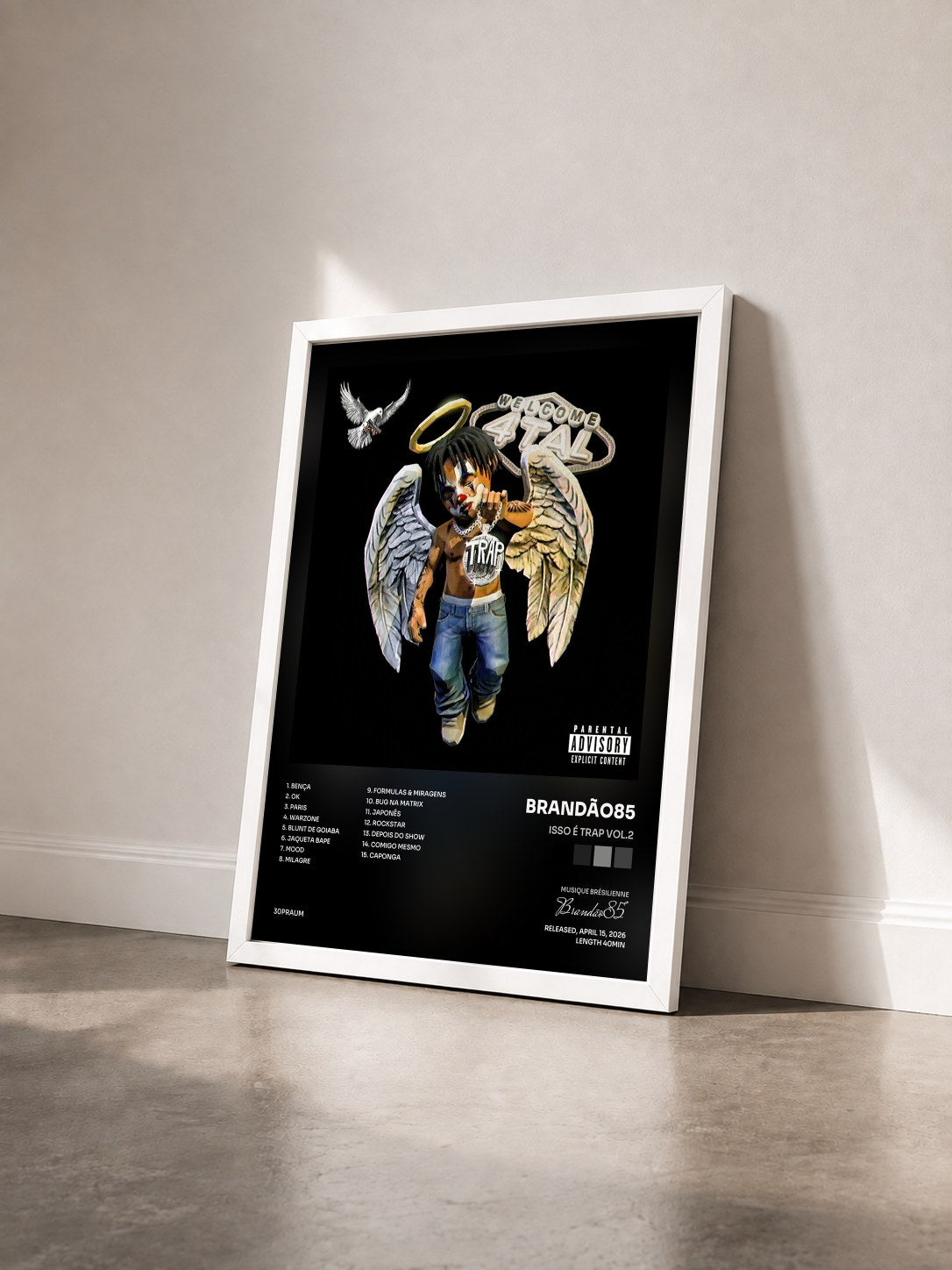 #blanc Tableau de l'album ISSO É TRAP VOL.2 de Brandão85 vu de trois quarts, cadre blanc