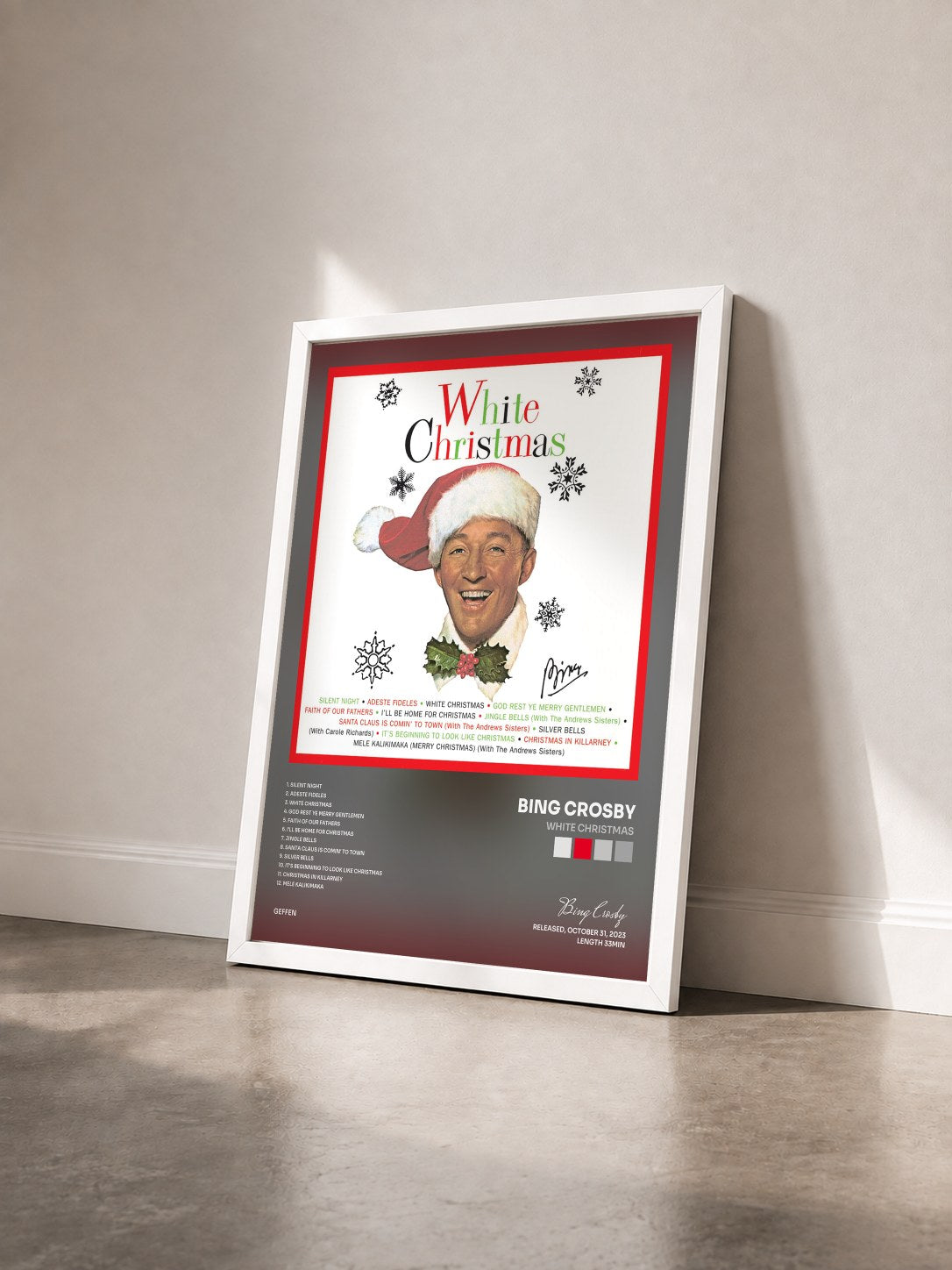 #blanc Tableau de l'album White Christmas de Bing Crosby vu de trois quarts, cadre blanc
