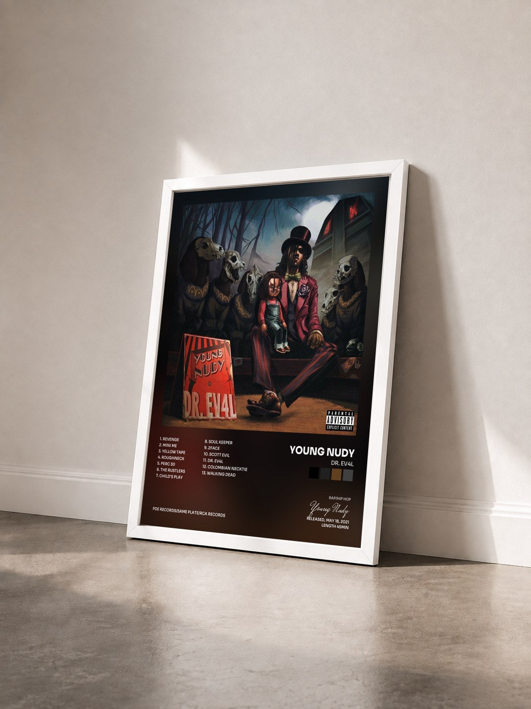 #blanc Tableau de l'album DR. EV4L de Young Nudy vu de trois quarts, cadre blanc