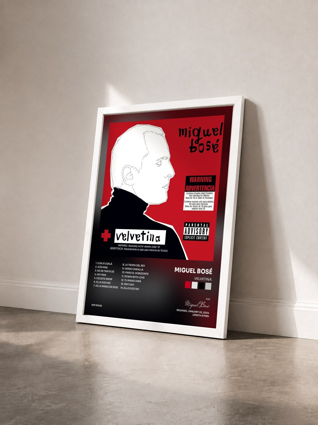 #blanc Tableau de l'album Velvetina de Miguel Bosé vu de trois quarts, cadre blanc