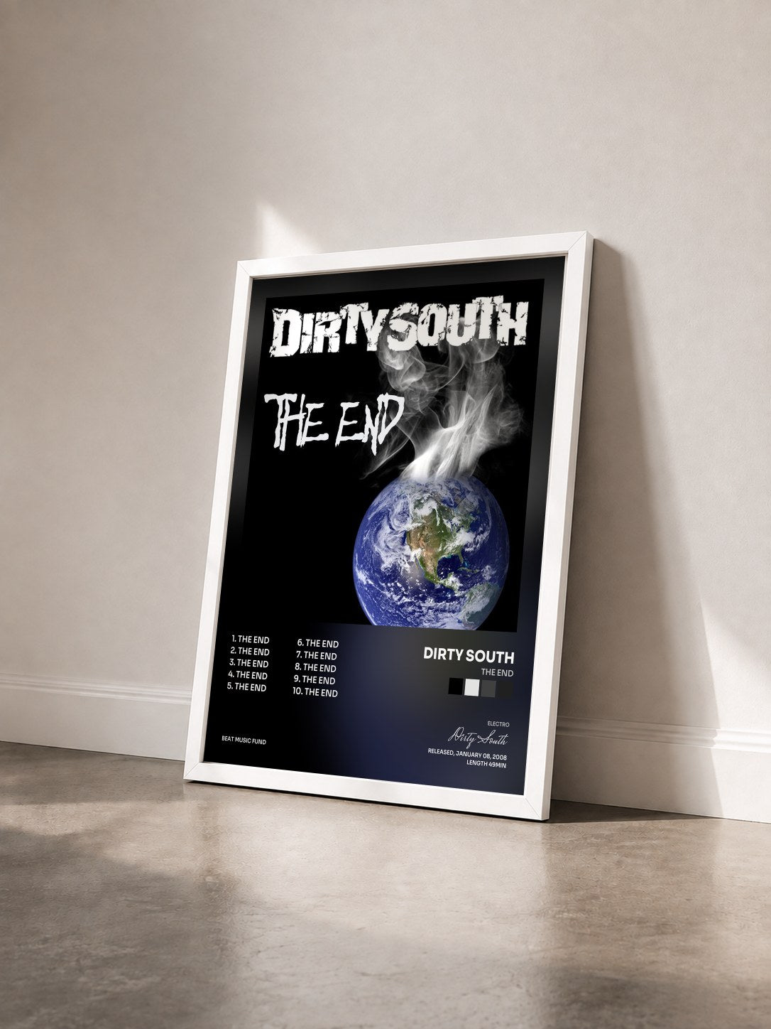 #blanc Tableau de l'album The End de Dirty South vu de trois quarts, cadre blanc