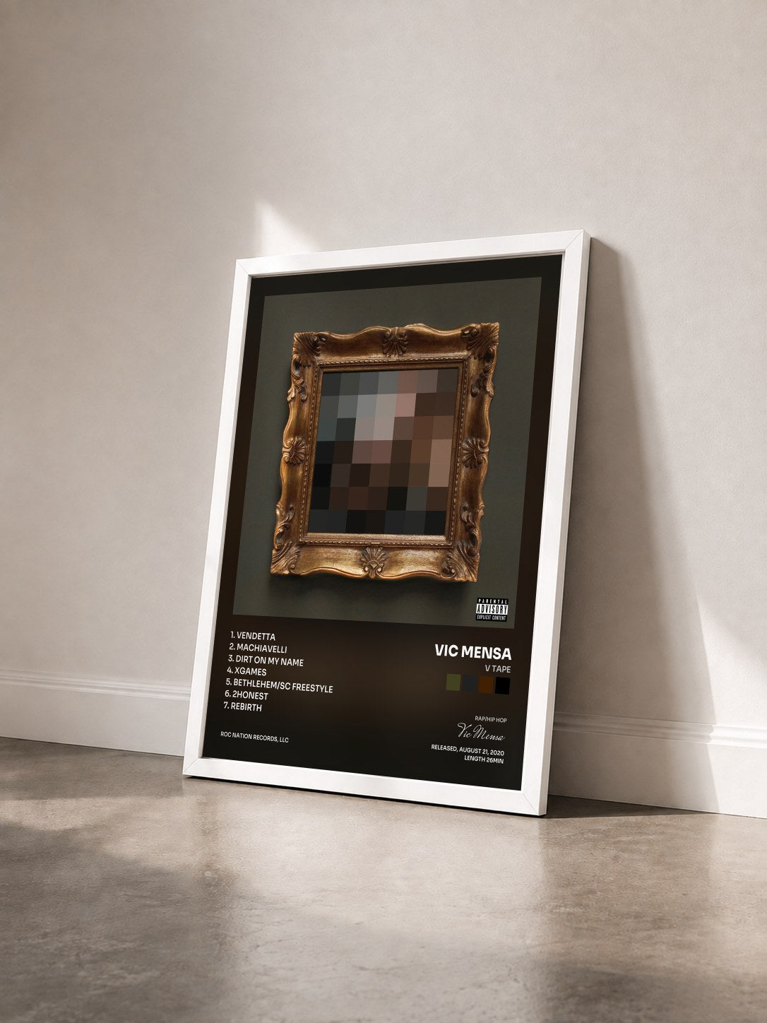 #blanc Tableau de l'album V TAPE de Vic Mensa vu de trois quarts, cadre blanc