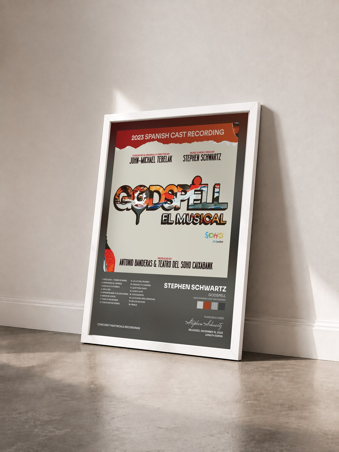 #blanc Tableau de l'album Godspell (2023 Spanish Cast Recording) de Stephen Schwartz vu de trois quarts, cadre blanc