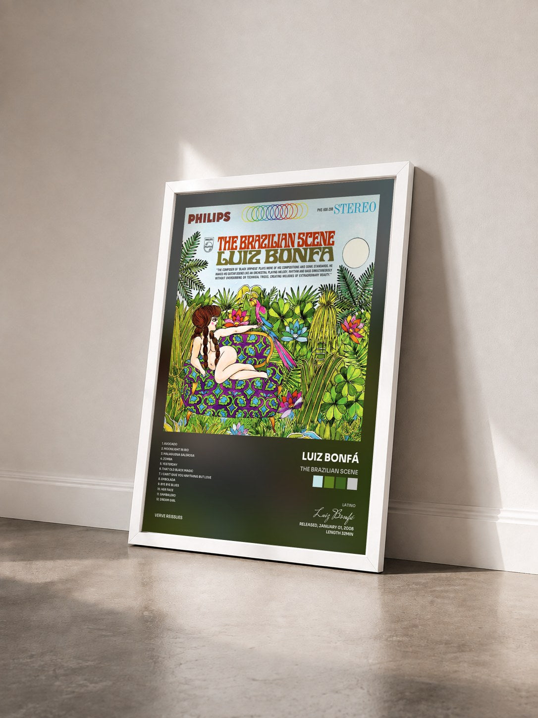#blanc Tableau de l'album The Brazilian Scene de Luiz Bonfá vu de trois quarts, cadre blanc