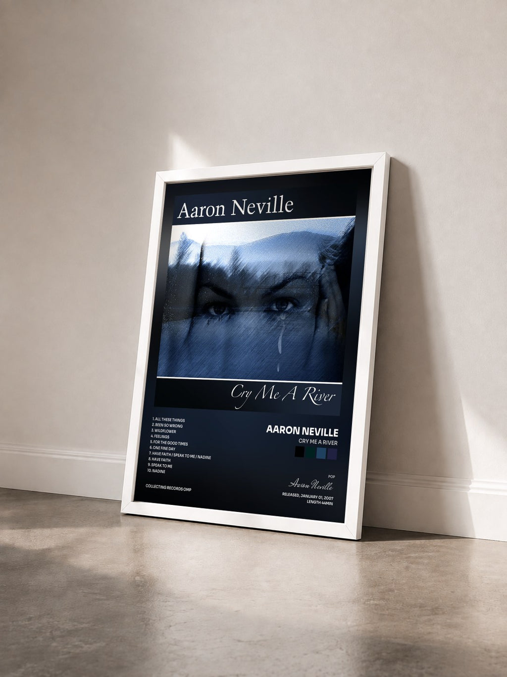 #blanc Tableau de l'album Cry Me A River de Aaron Neville vu de trois quarts, cadre blanc