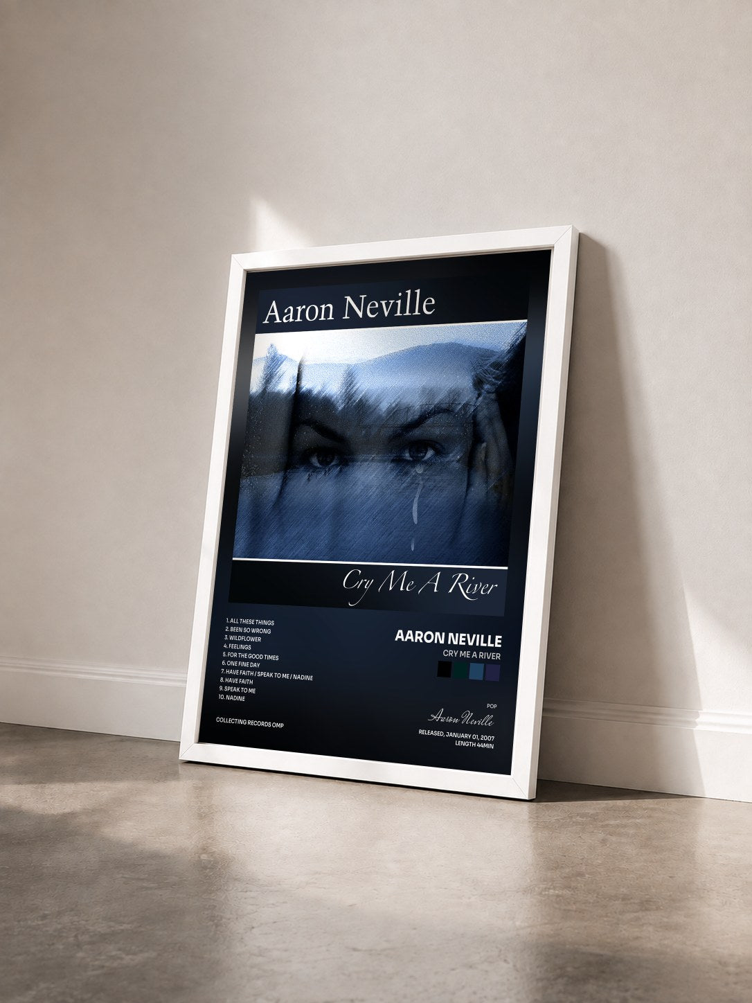 #blanc Tableau de l'album Cry Me A River de Aaron Neville vu de trois quarts, cadre blanc