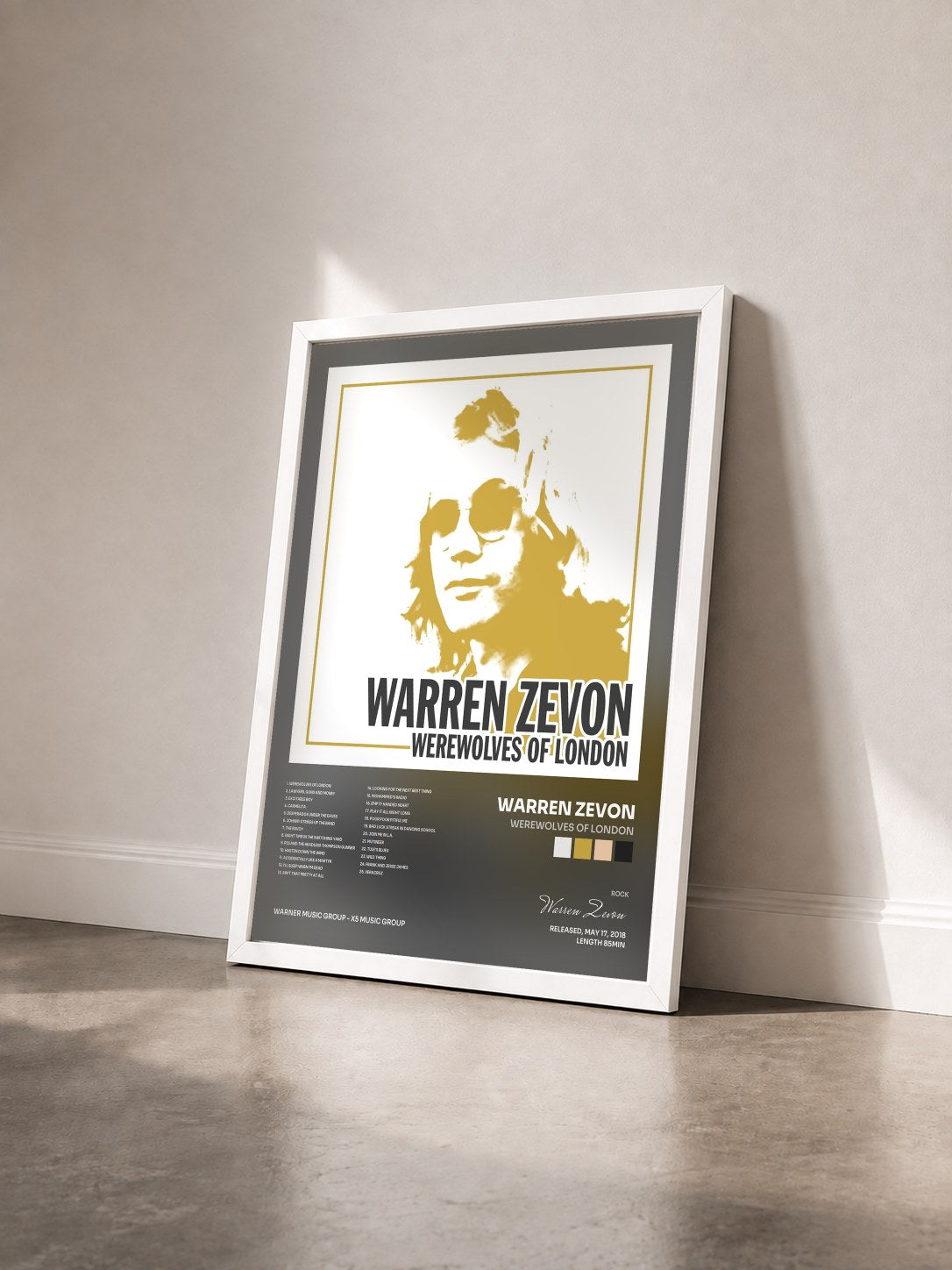 #blanc Tableau de l'album Werewolves of London de Warren Zevon vu de trois quarts, cadre blanc