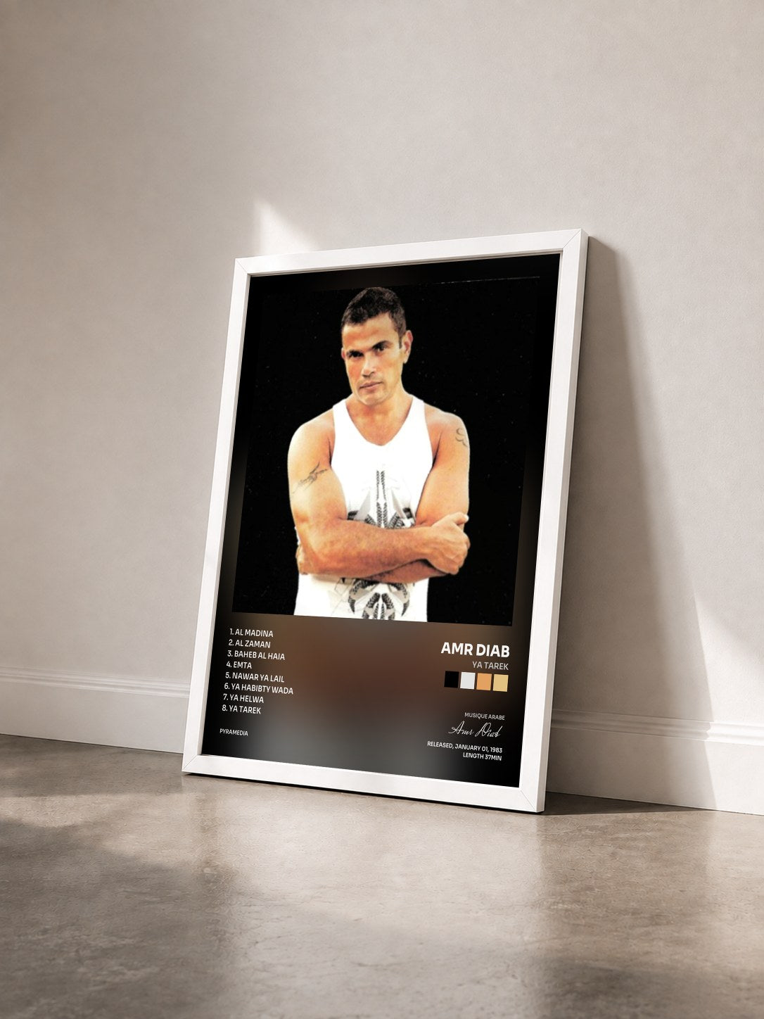 #blanc Tableau de l'album Ya Tarek de Amr Diab vu de trois quarts, cadre blanc