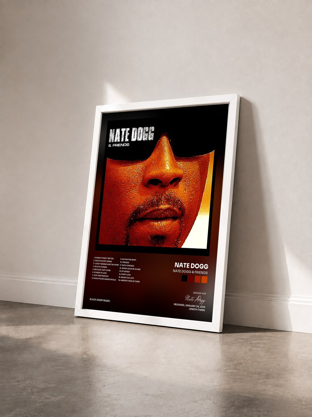 #blanc Tableau de l'album Nate Dogg & Friends de Nate Dogg vu de trois quarts, cadre blanc