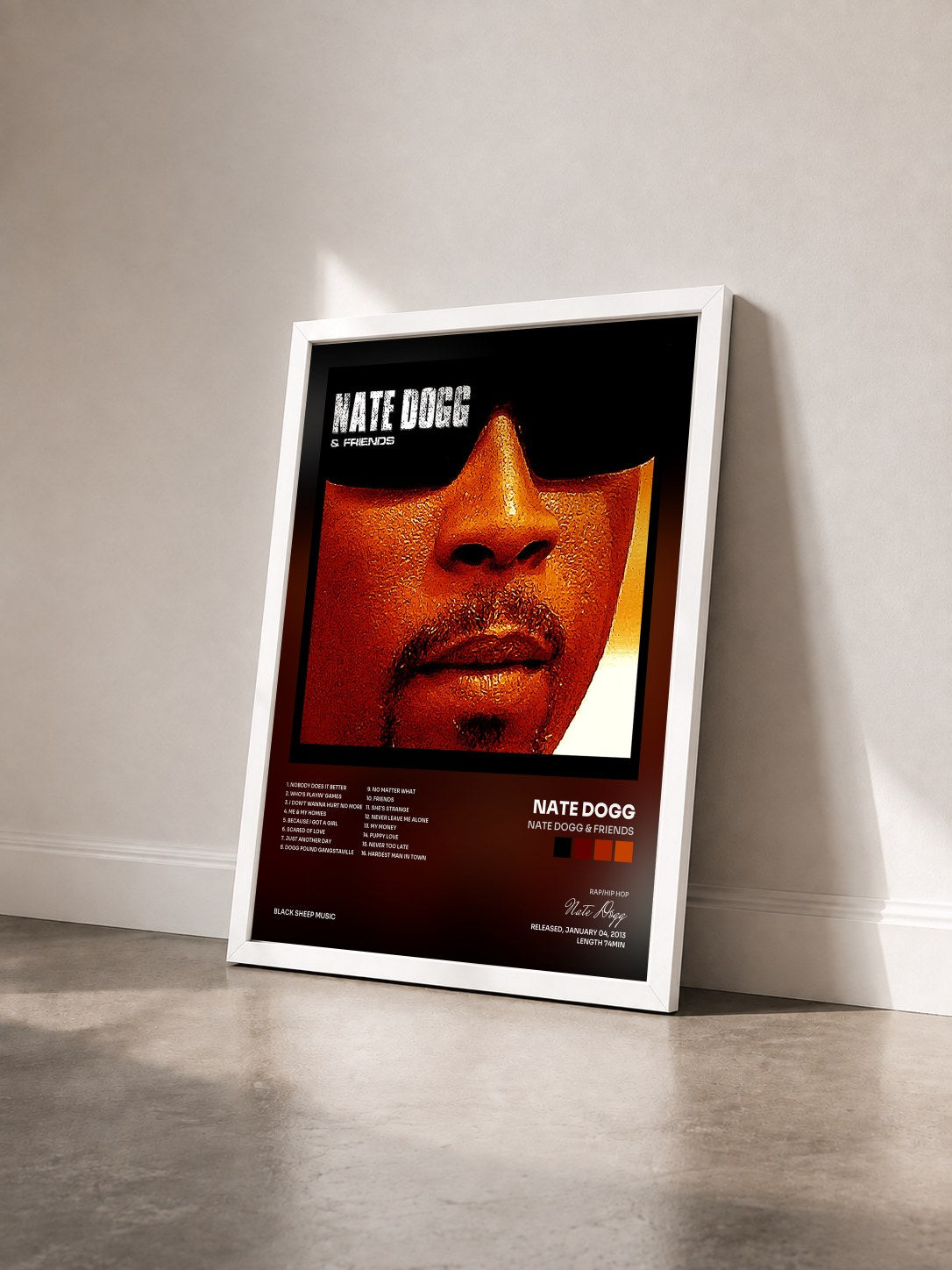 #blanc Tableau de l'album Nate Dogg & Friends de Nate Dogg vu de trois quarts, cadre blanc