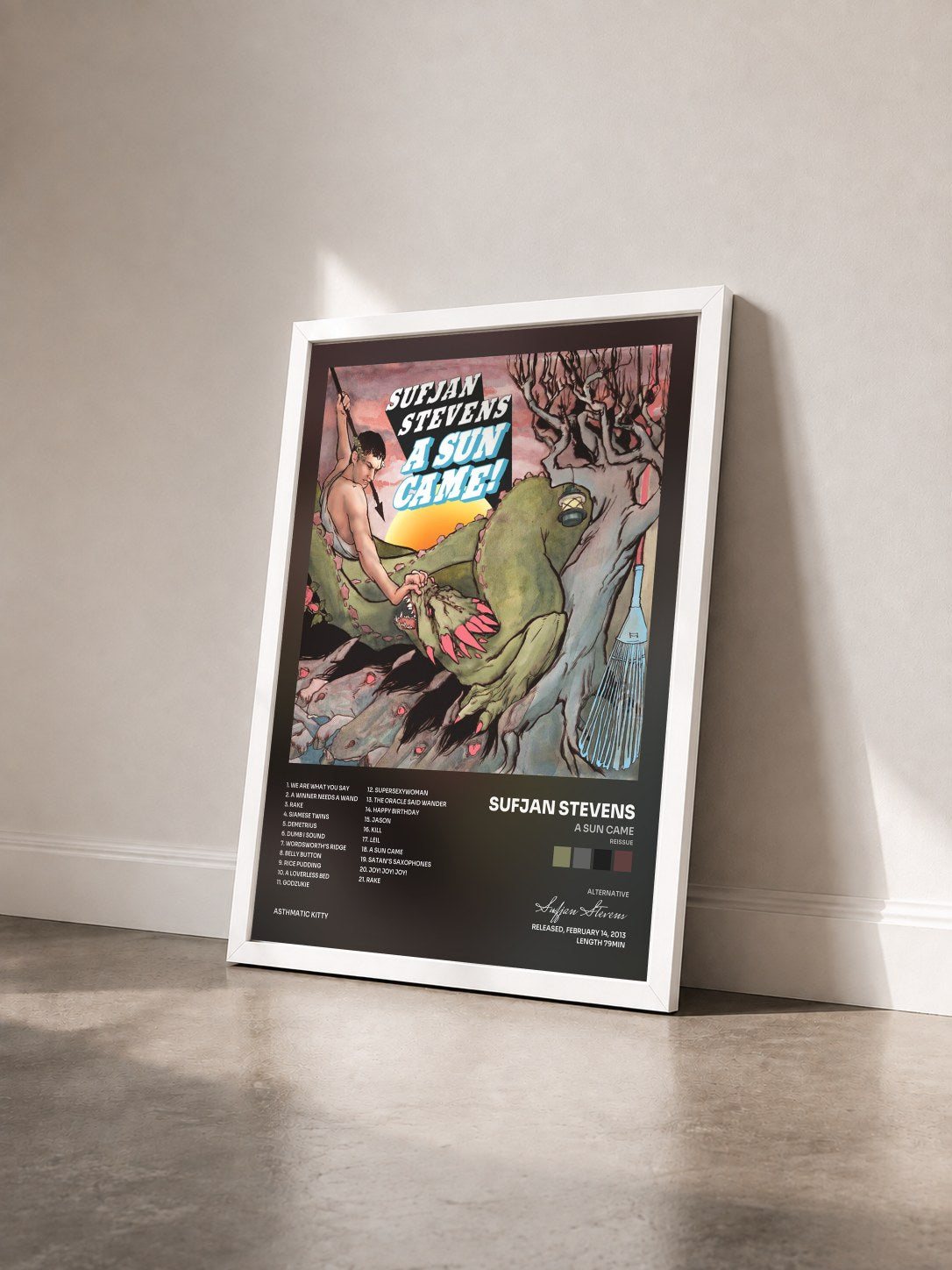 #blanc Tableau de l'album A Sun Came (reissue) de Sufjan Stevens vu de trois quarts, cadre blanc