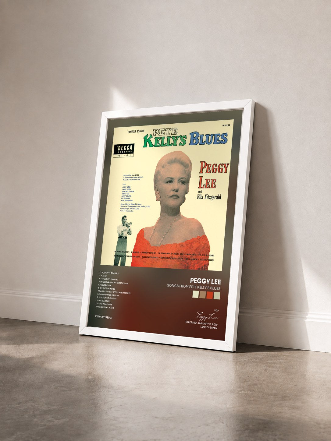 #blanc Tableau de l'album Songs From Pete Kelly's Blues de Peggy Lee vu de trois quarts, cadre blanc