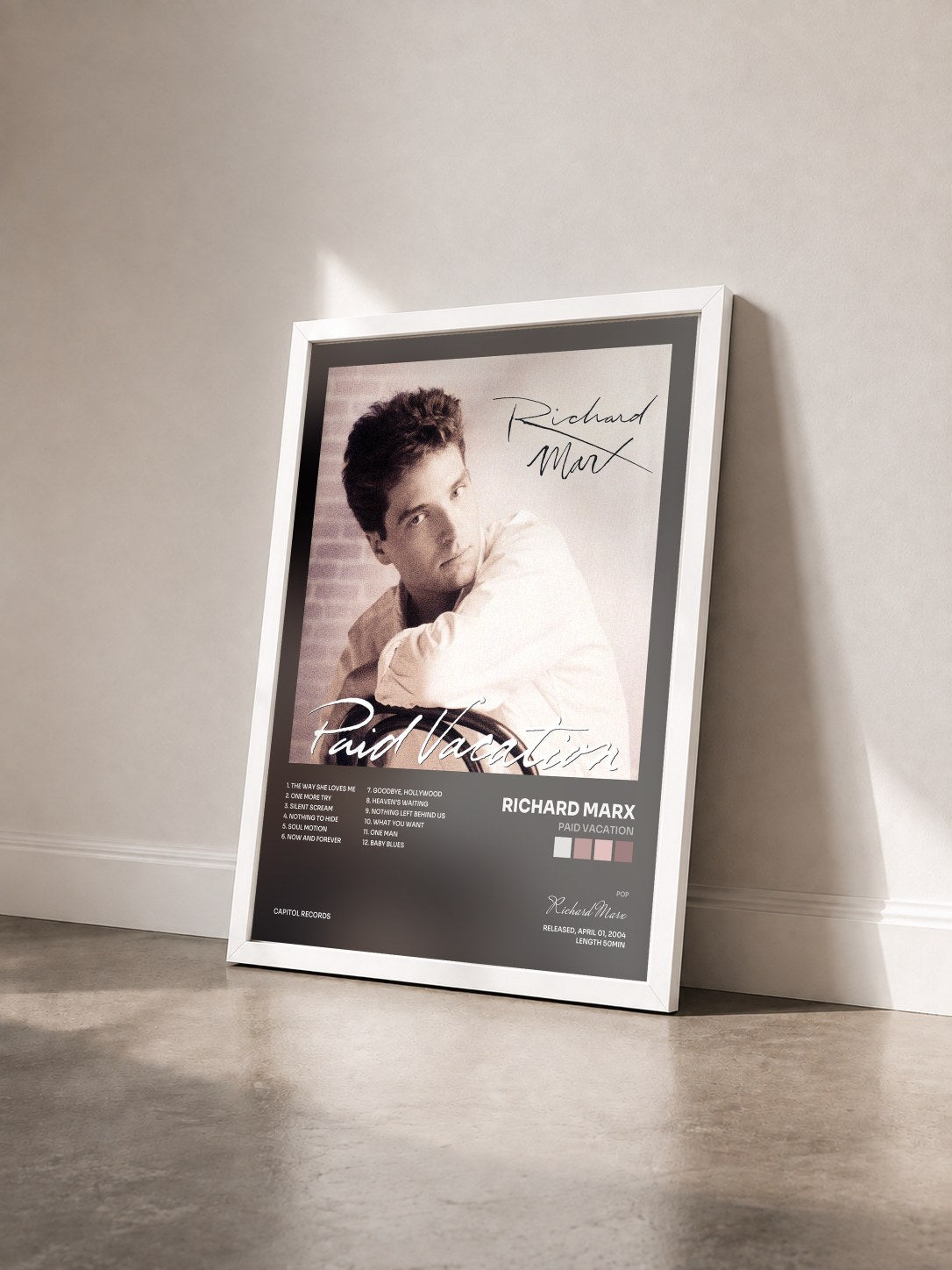 #blanc Tableau de l'album Paid Vacation de Richard Marx vu de trois quarts, cadre blanc