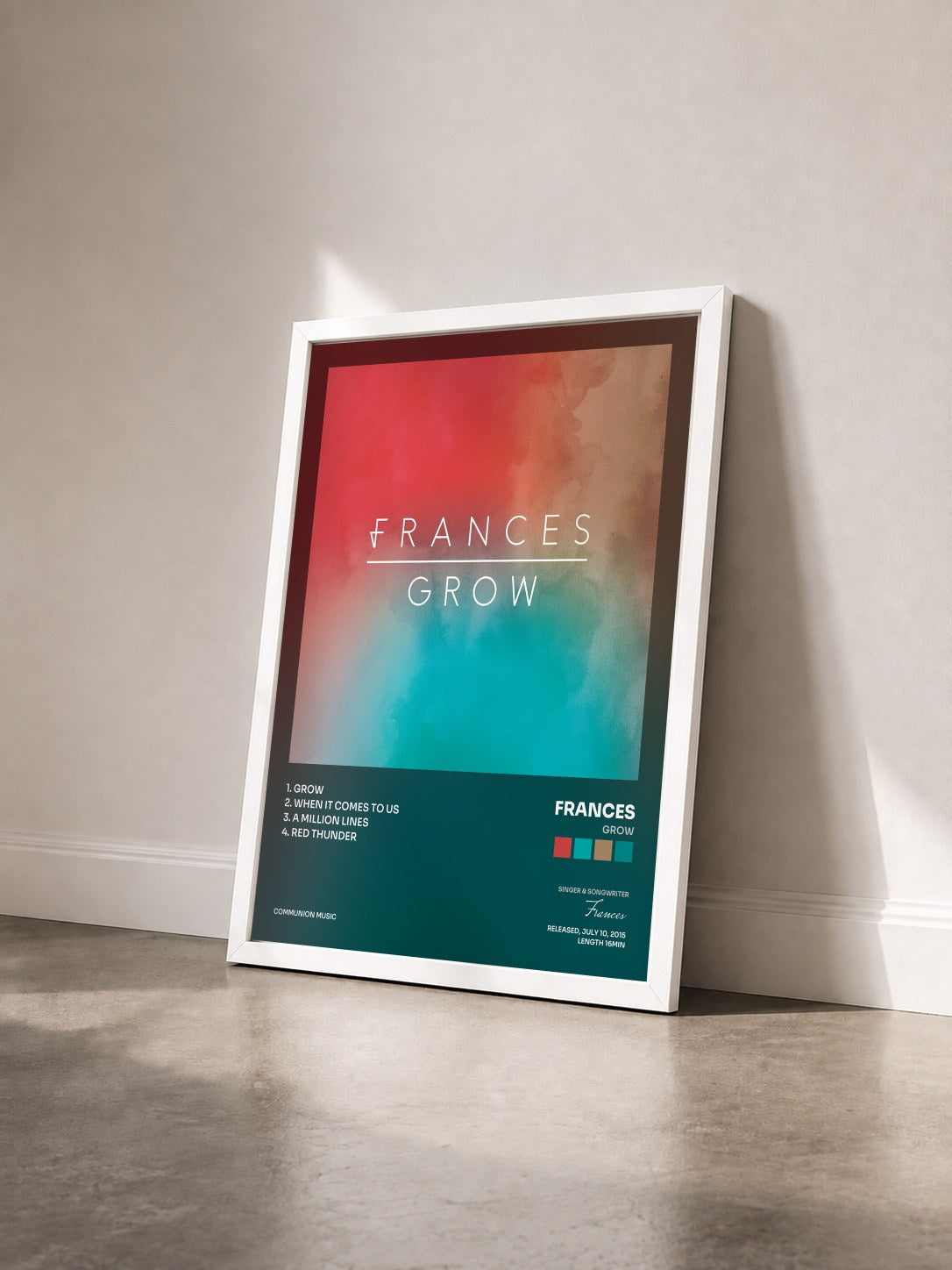 #blanc Tableau de l'album Grow de Frances vu de trois quarts, cadre blanc