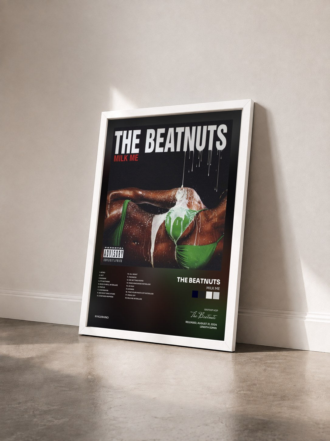 #blanc Tableau de l'album Milk Me de The Beatnuts vu de trois quarts, cadre blanc
