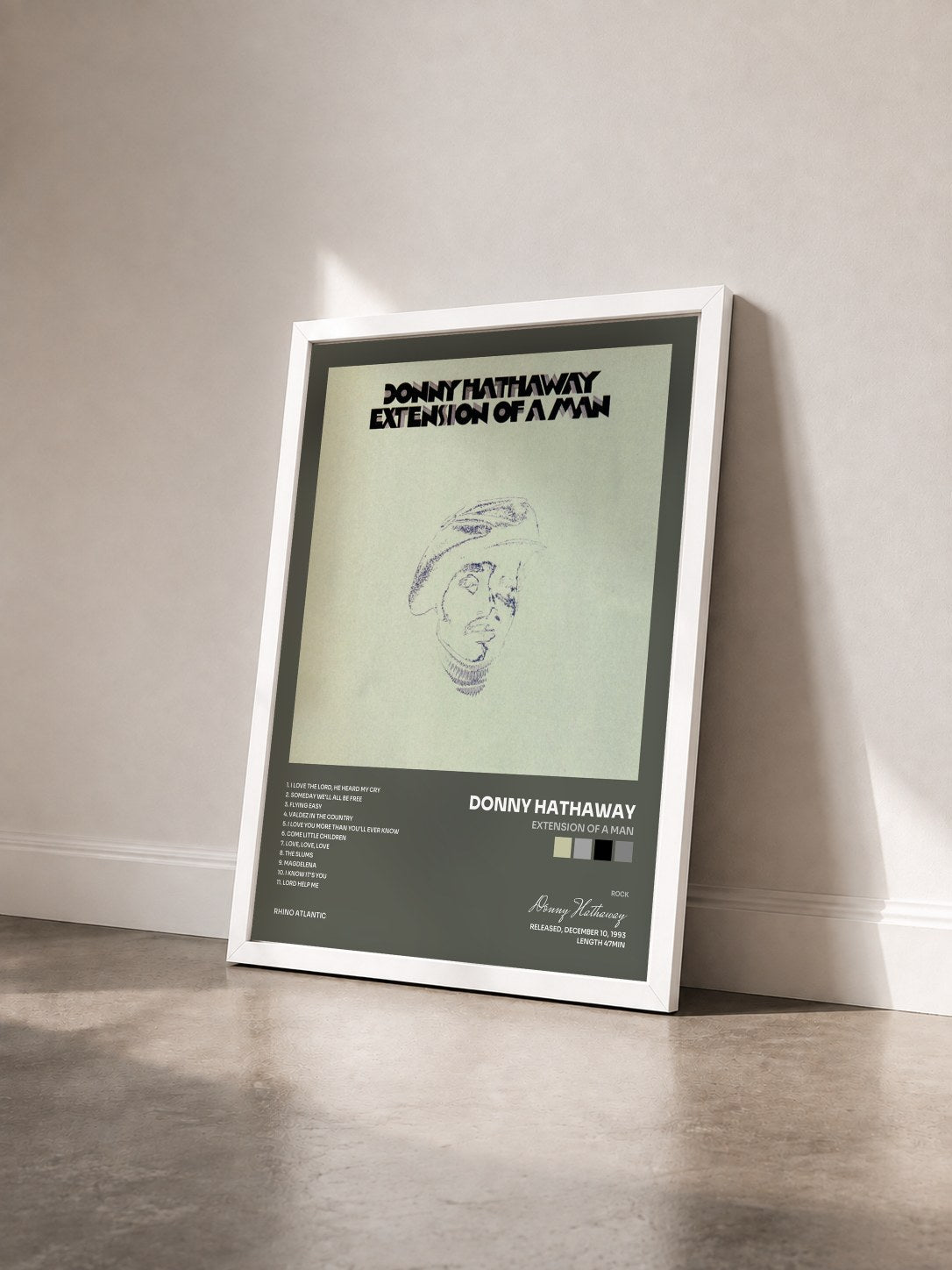 #blanc Tableau de l'album Extension of a Man de Donny Hathaway vu de trois quarts, cadre blanc