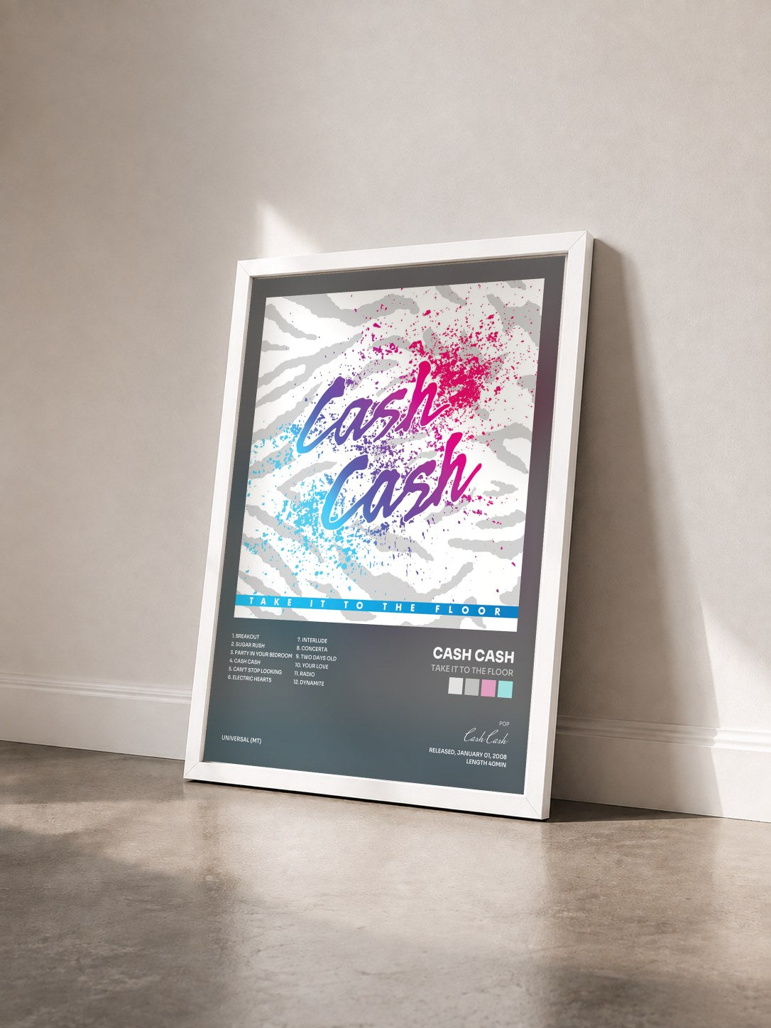 #blanc Tableau de l'album Take It To The Floor de Cash Cash vu de trois quarts, cadre blanc
