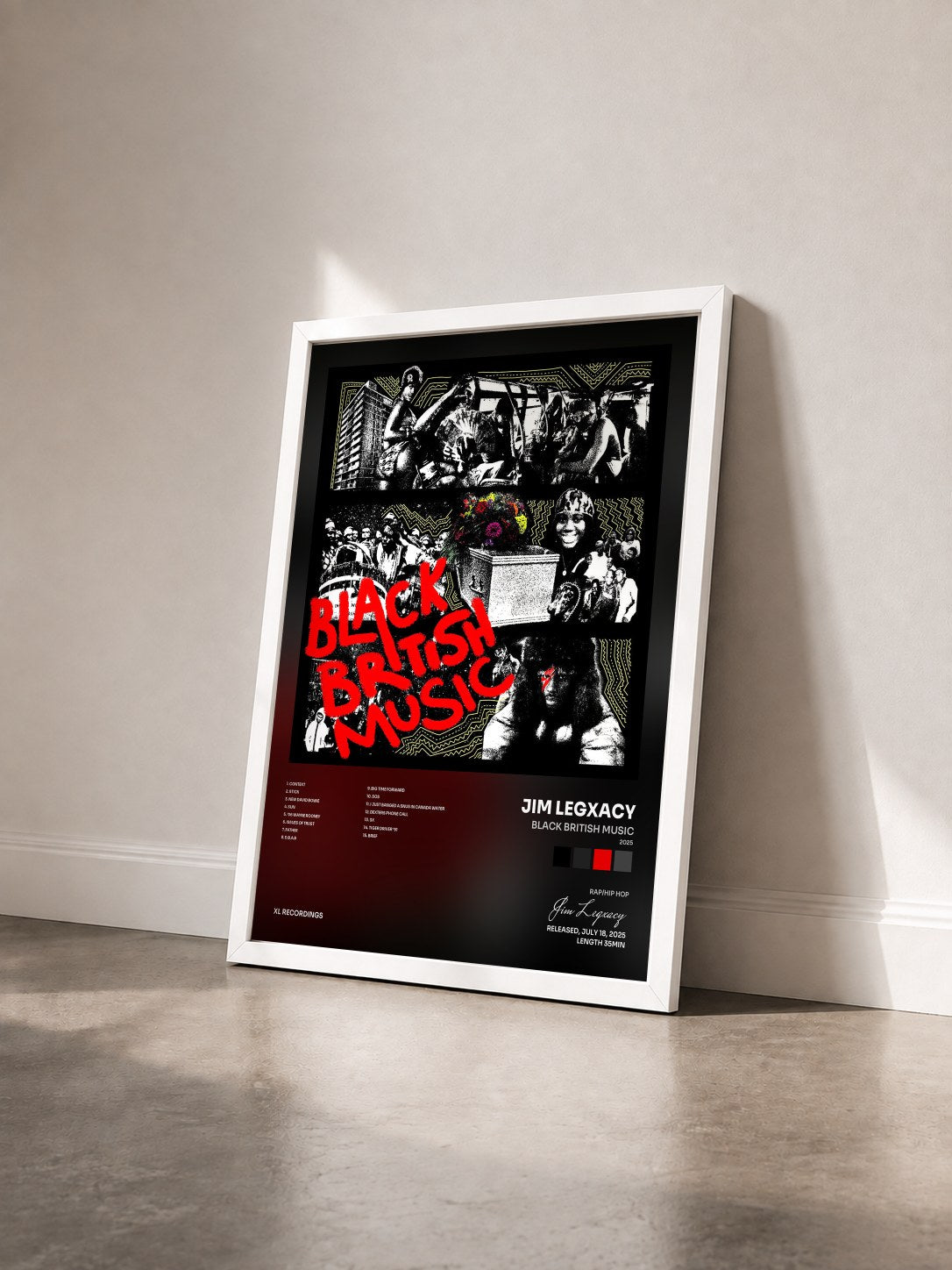 #blanc Tableau de l'album black british music (2025) de Jim Legxacy vu de trois quarts, cadre blanc