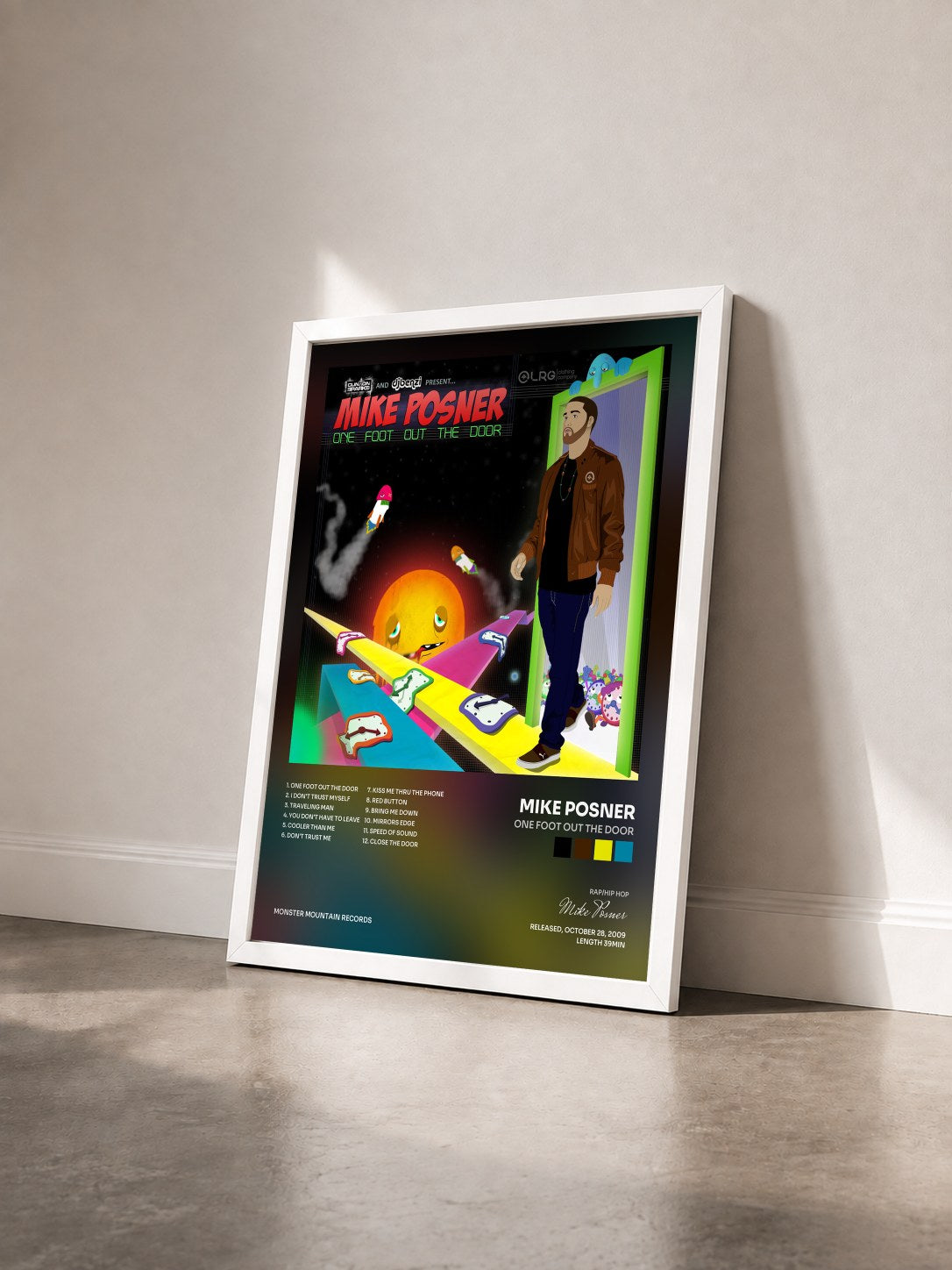 #blanc Tableau de l'album One Foot Out The Door de Mike Posner vu de trois quarts, cadre blanc