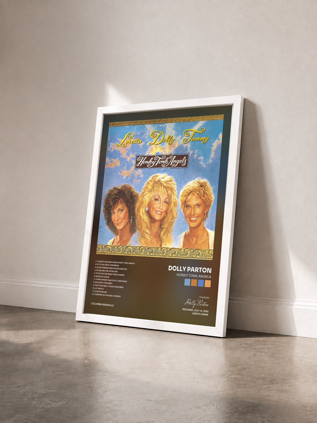 #blanc Tableau de l'album Honky Tonk Angels de Dolly Parton vu de trois quarts, cadre blanc