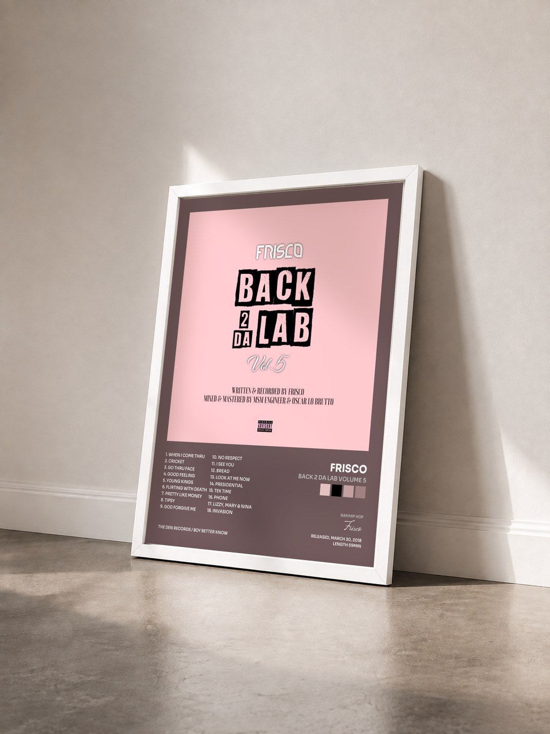 #blanc Tableau de l'album Back 2 Da Lab Volume 5 de Frisco vu de trois quarts, cadre blanc