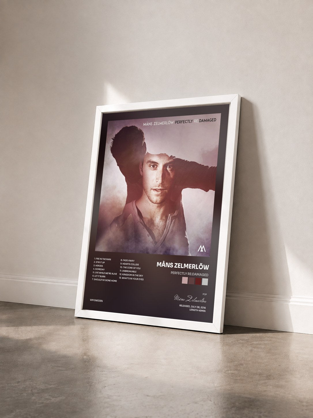 #blanc Tableau de l'album Perfectly Re:Damaged de Måns Zelmerlöw vu de trois quarts, cadre blanc
