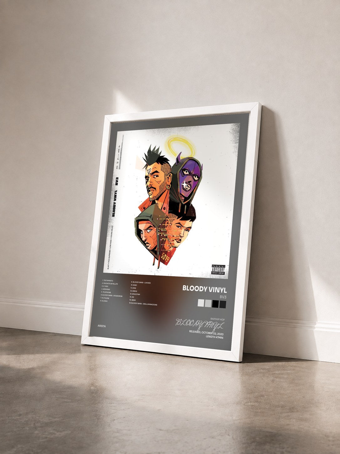 #blanc Tableau de l'album BV3 de BLOODY VINYL vu de trois quarts, cadre blanc