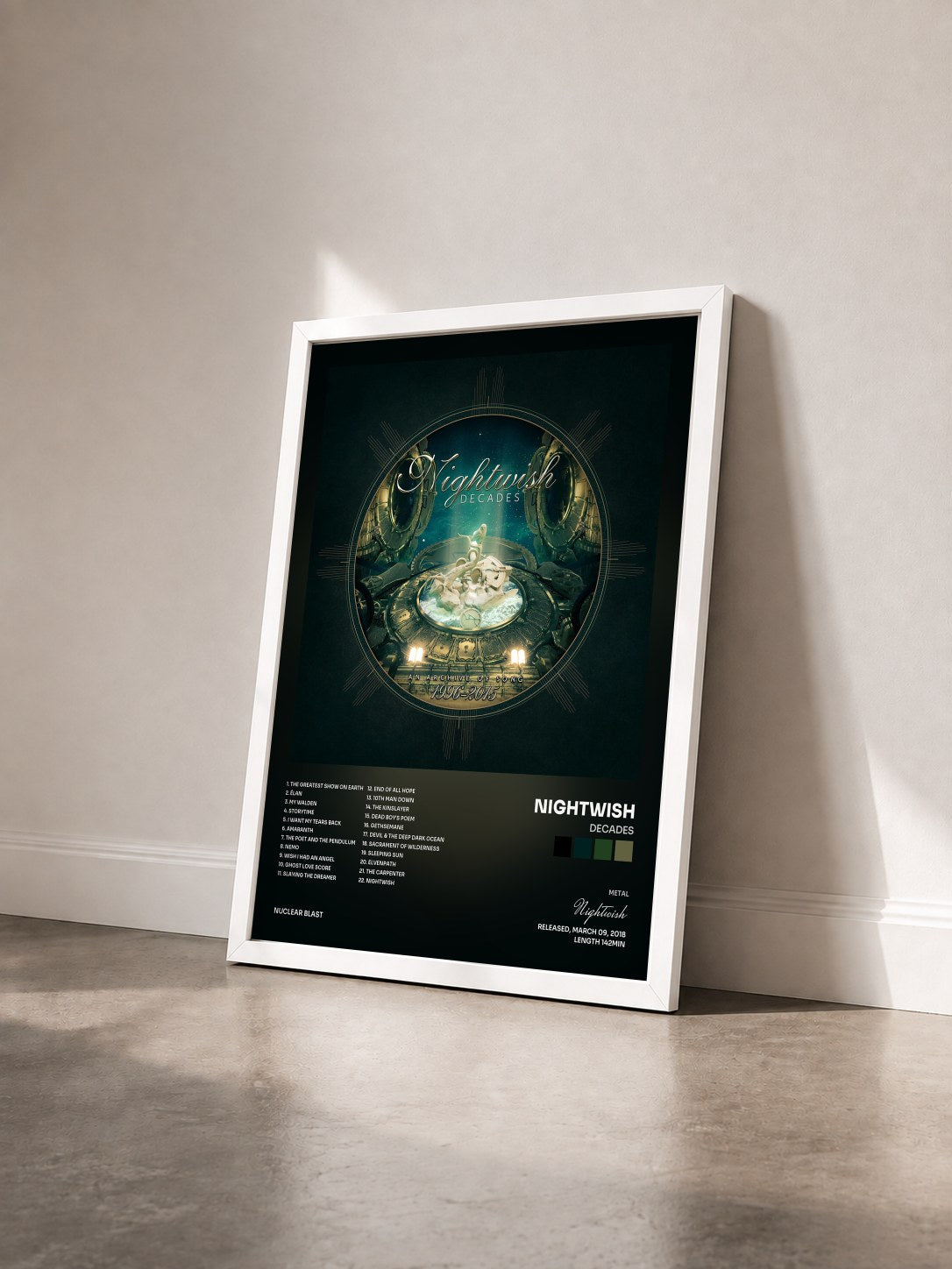#blanc Tableau de l'album Decades de Nightwish vu de trois quarts, cadre blanc