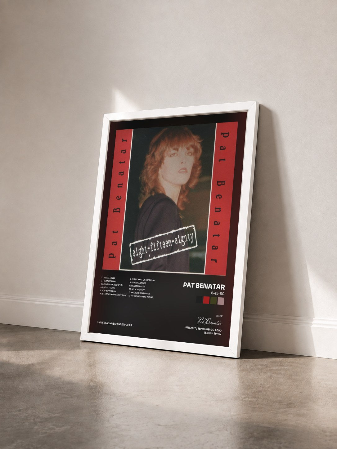 #blanc Tableau de l'album 8-15-80 de Pat Benatar vu de trois quarts, cadre blanc