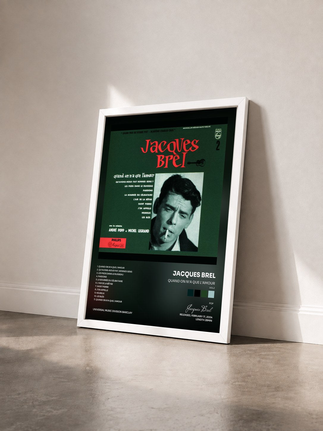 #blanc Tableau de l'album Quand On N'A Que L'Amour (Vol.2) de Jacques Brel vu de trois quarts, cadre blanc