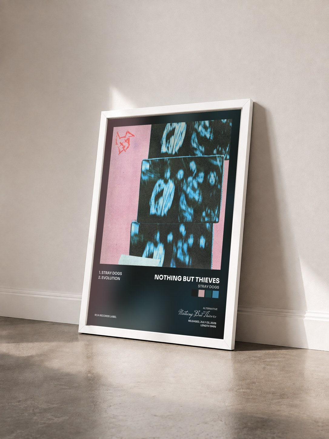 #blanc Tableau de l'album Stray Dogs de Nothing But Thieves vu de trois quarts, cadre blanc