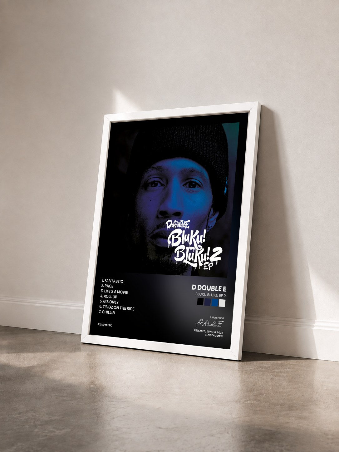#blanc Tableau de l'album Bluku Bluku EP 2 de D Double E vu de trois quarts, cadre blanc